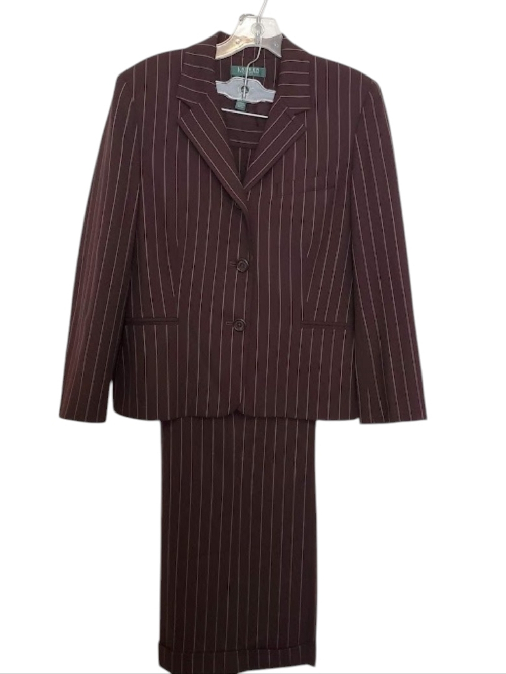 Lauren Ralph Lauren Wool Brown Wide Pinstripe Pants Jacket Suit Petite 12P, 14P